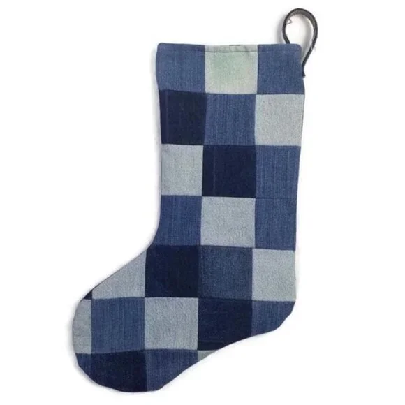 Hand Made Upcycled Blue Patchwork Denim Lined Hanging Christmas Stocking 17.5"